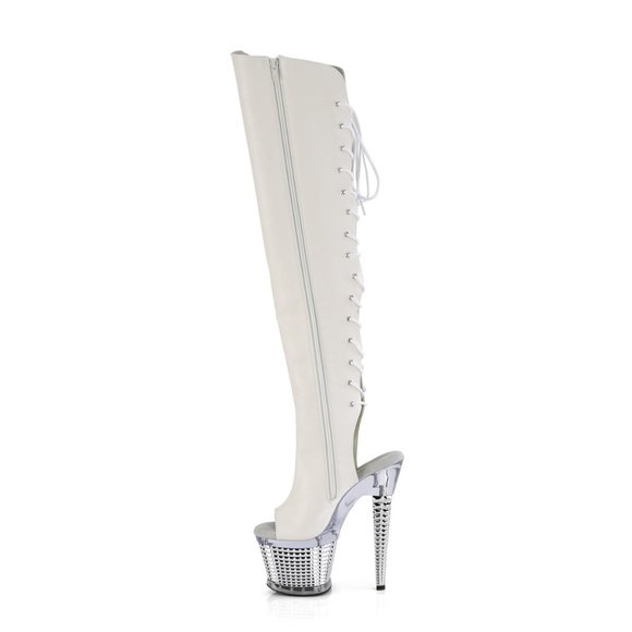 Pleaser Spectator 3019 White Thigh High Boots With Chrome Platform High Heel - Picture 4 of 4